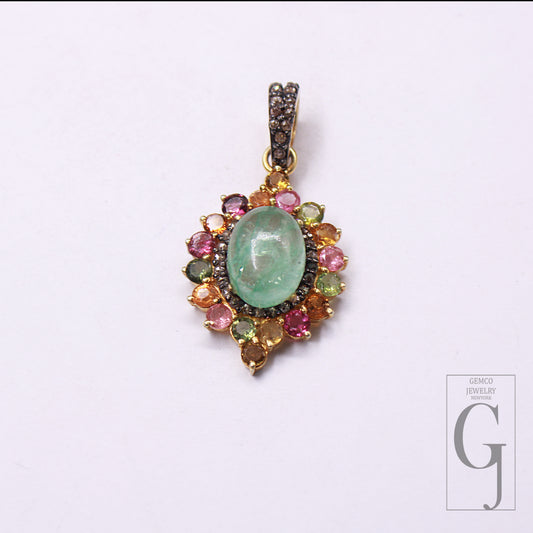 14k Gold Finish Multi Tourmaline And Emerald Pave Rose Diamond Pendant Handmade Finish Diamond Pendant