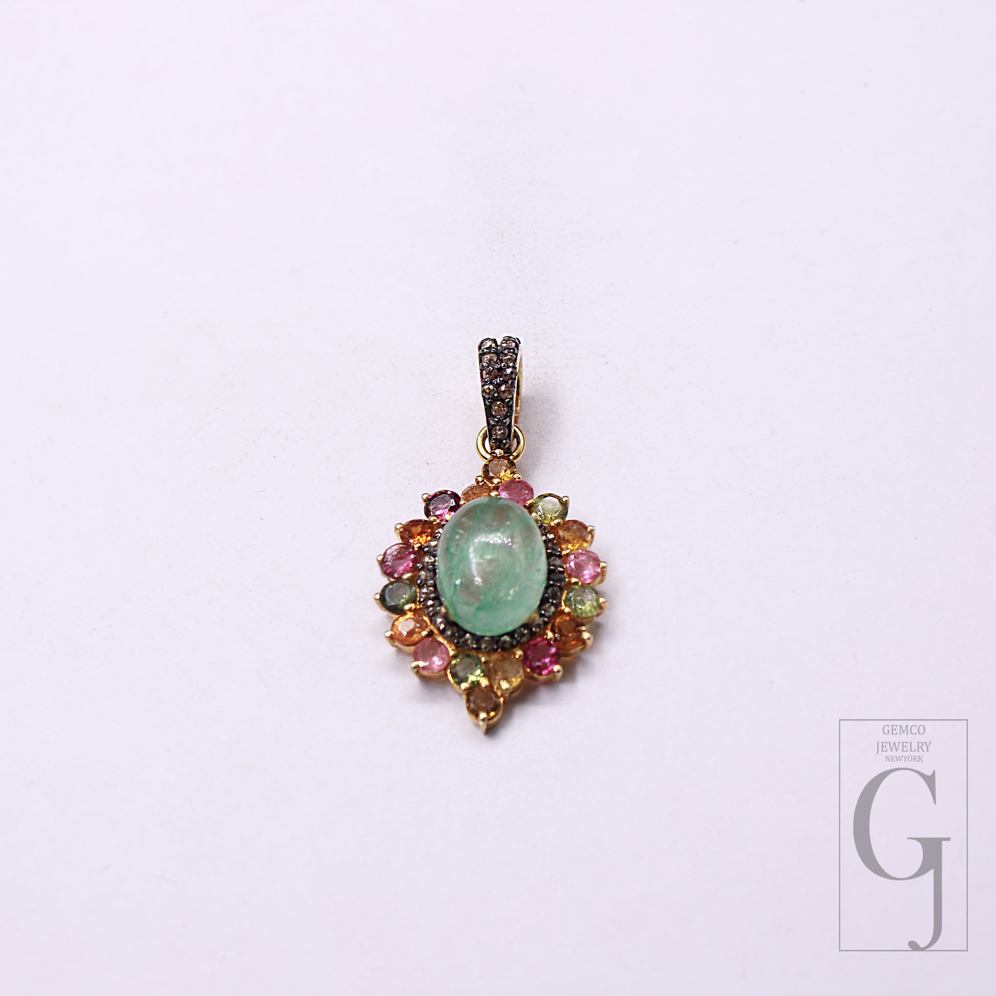 14k Gold Finish Multi Tourmaline And Emerald Pave Rose Diamond Pendant Handmade Finish Diamond Pendant