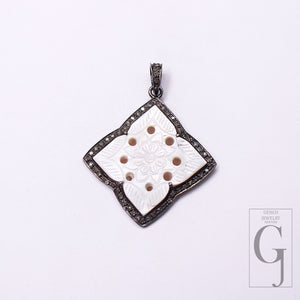 Flower Carving Pearl Stone Pave Rosecut Diamond Pendant 925 Sterling Silver Handmade Finish Diamond Pendant