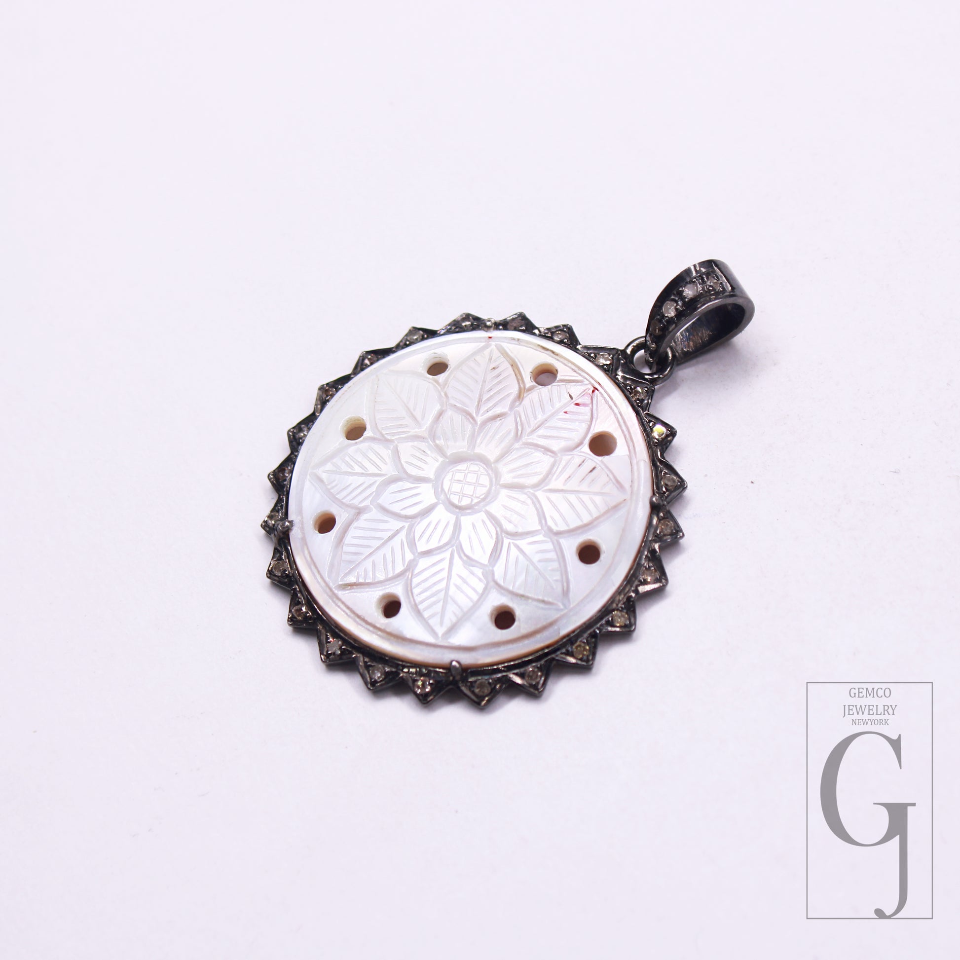 Flower Carving Pearl Stone Pave Rosecut Diamond Pendant 925 Sterling Silver Handmade Finish Diamond Pendant