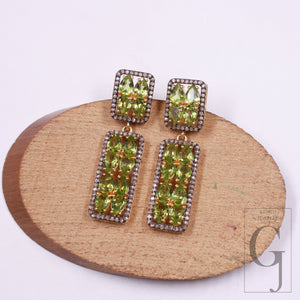 14k Gold Finish Peridot Dangle Design Pave Rosecut Diamond Earrings Handmade Finish Diamond Earring Jewerly