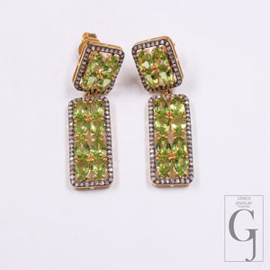 14k Gold Finish Peridot Dangle Design Pave Rosecut Diamond Earrings Handmade Finish Diamond Earring Jewerly