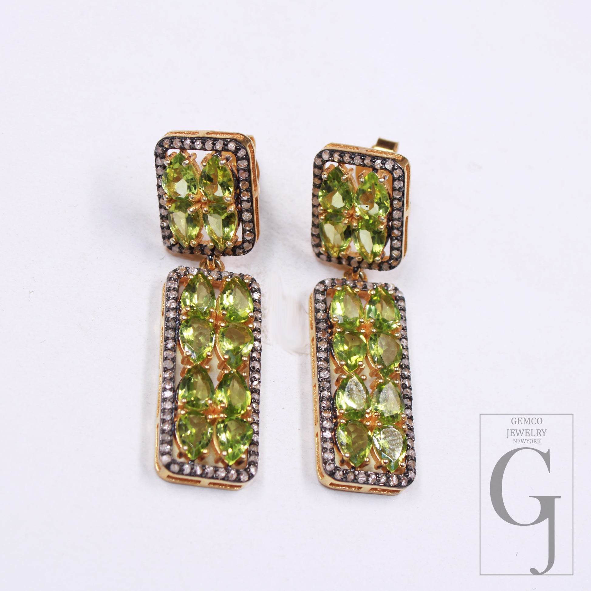 14k Gold Finish Peridot Dangle Design Pave Rosecut Diamond Earrings Handmade Finish Diamond Earring Jewerly