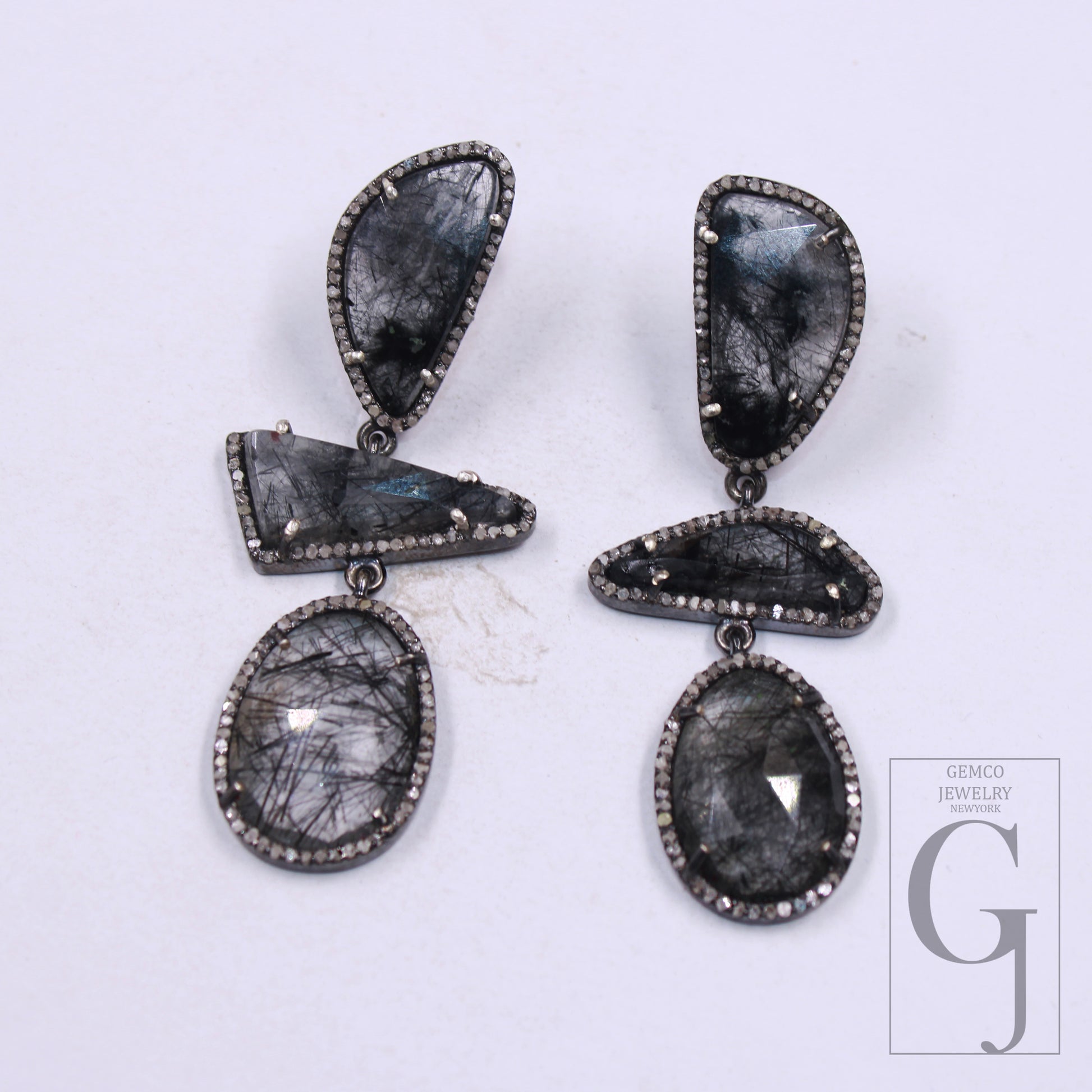 Blackrutile Dangle Design Pave Rosecut Diamond Earring 925 Sterling Silver Handmade Finish Diamond Earring 