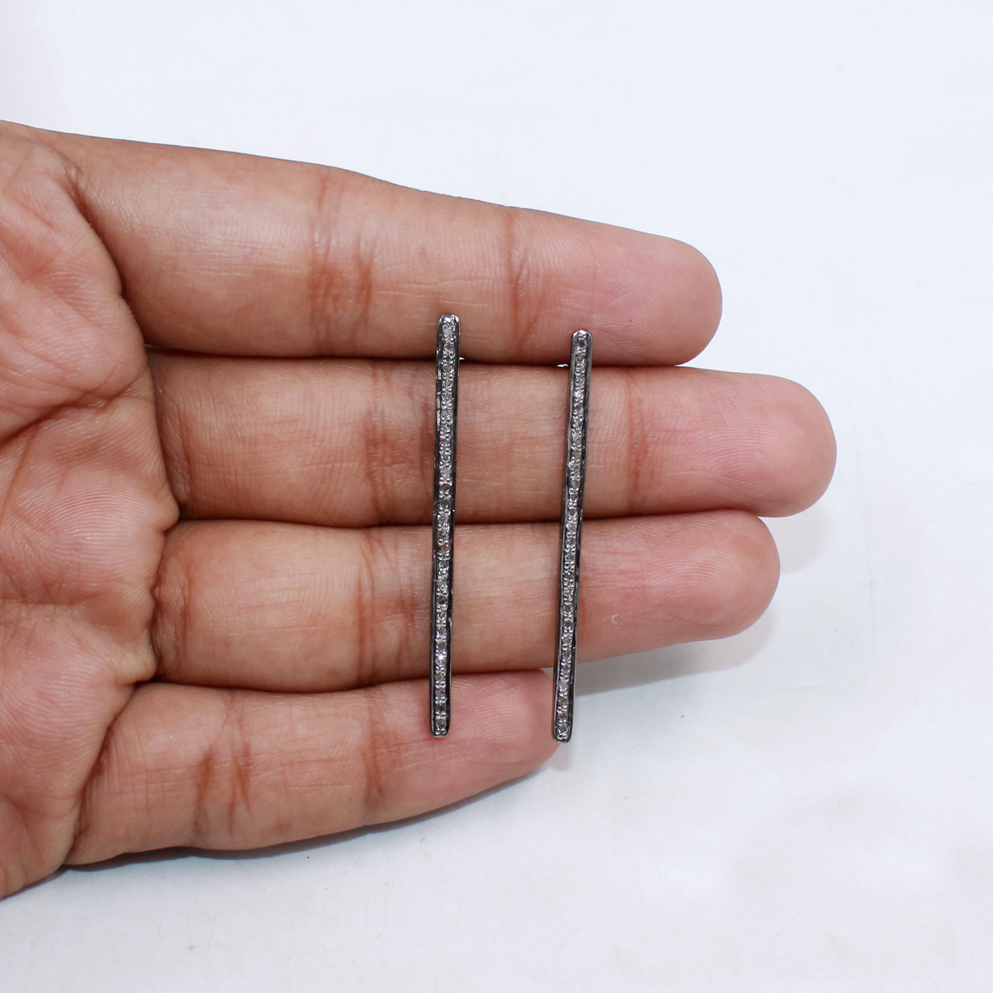 Artisan-crafted sterling silver bar earrings with pave diamonds