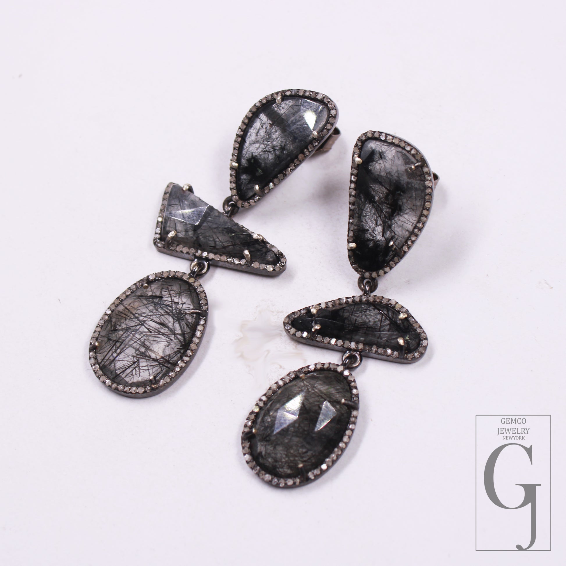 Blackrutile Dangle Design Pave Rosecut Diamond Earring 925 Sterling Silver Handmade Finish Diamond Earring 