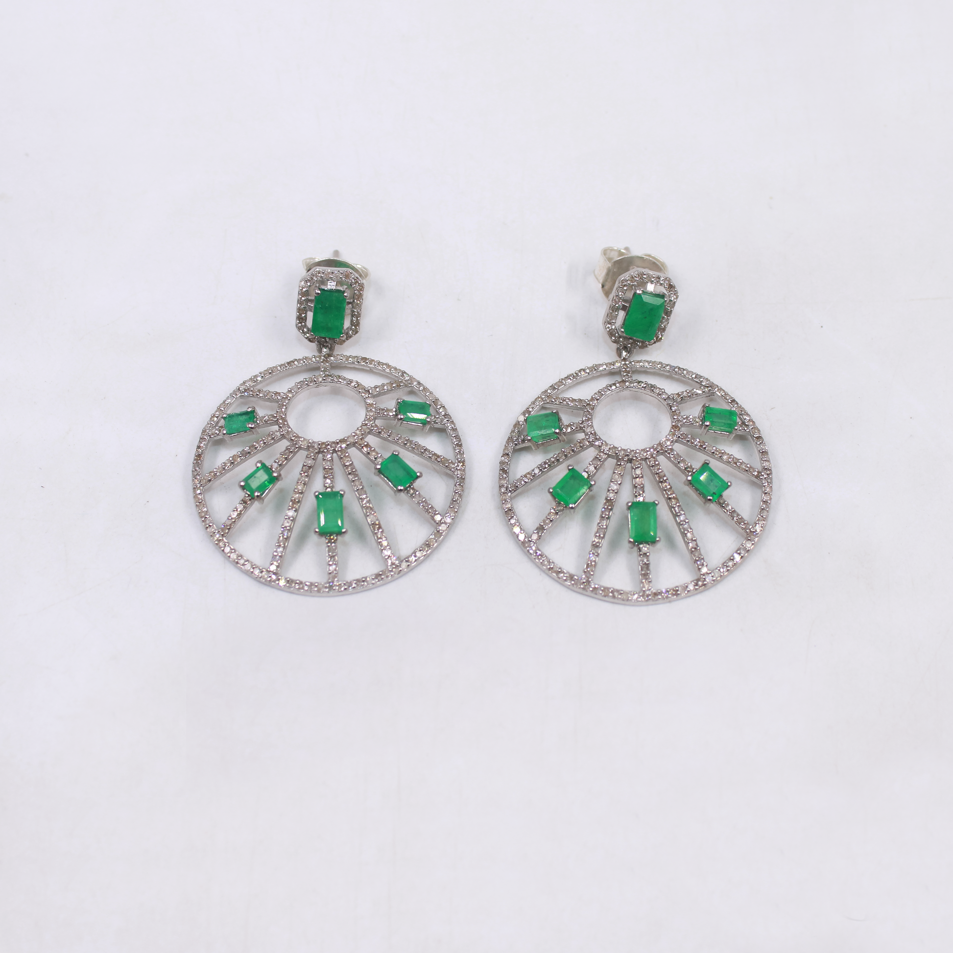 Artistic emerald and diamond earrings, handmade in sterling silver
