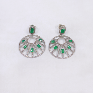 Artistic emerald and diamond earrings, handmade in sterling silver