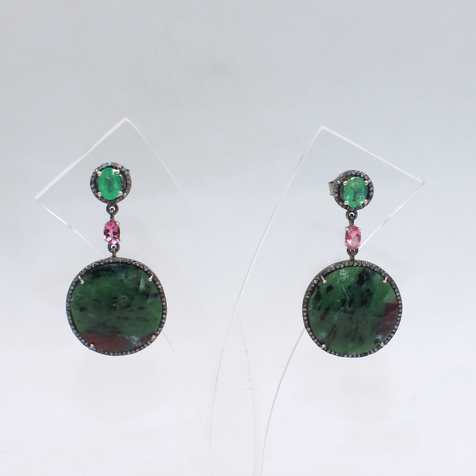 Bold statement earrings with emerald, ruby zoisite, and pink tourmaline