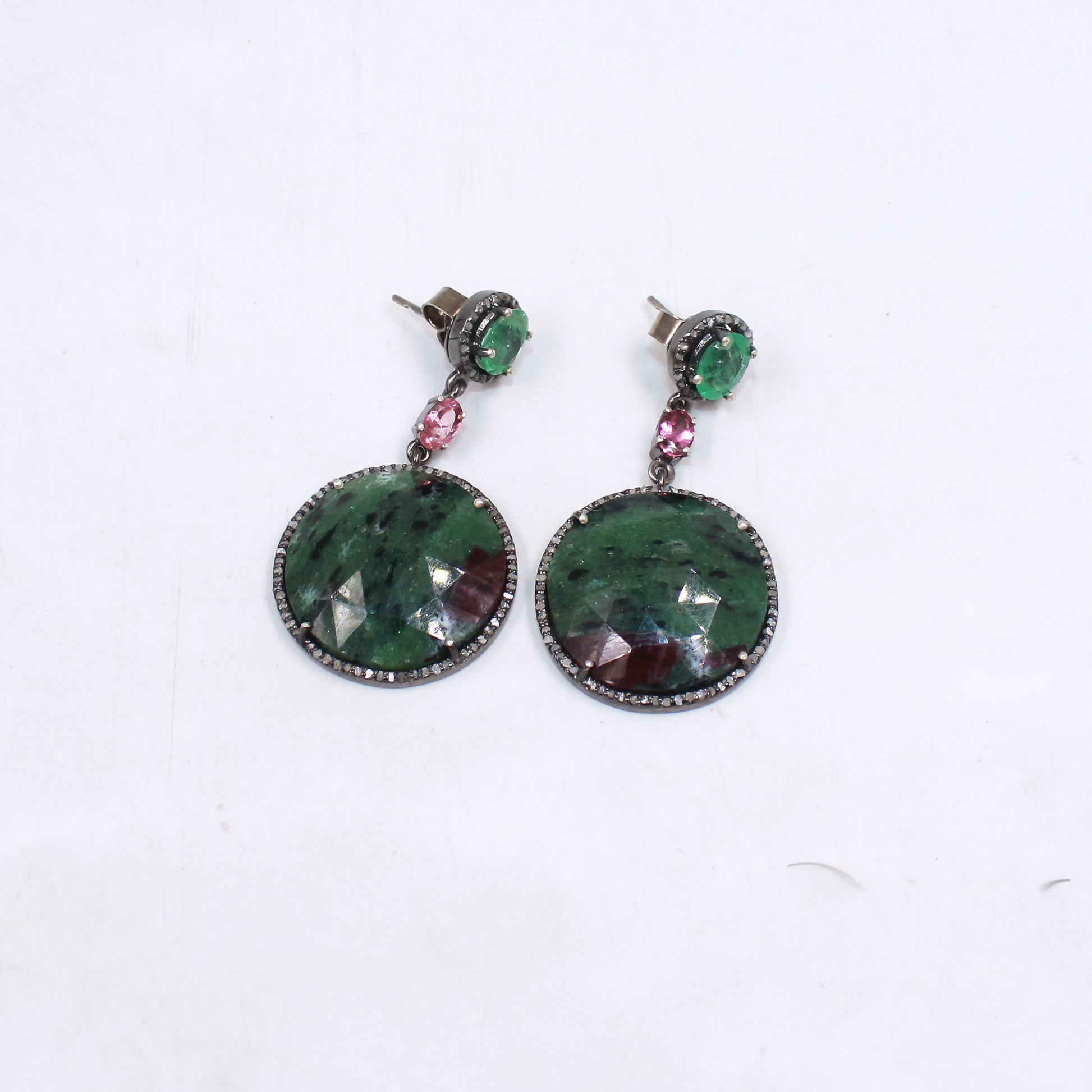 One-of-a-kind emerald, tourmaline, and ruby zoisite dangle earrings with diamonds