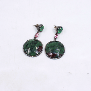 One-of-a-kind emerald, tourmaline, and ruby zoisite dangle earrings with diamonds