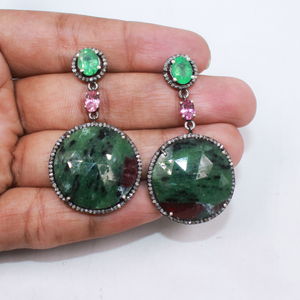 Artistic gemstone earrings in sterling silver with emerald and pave diamonds
