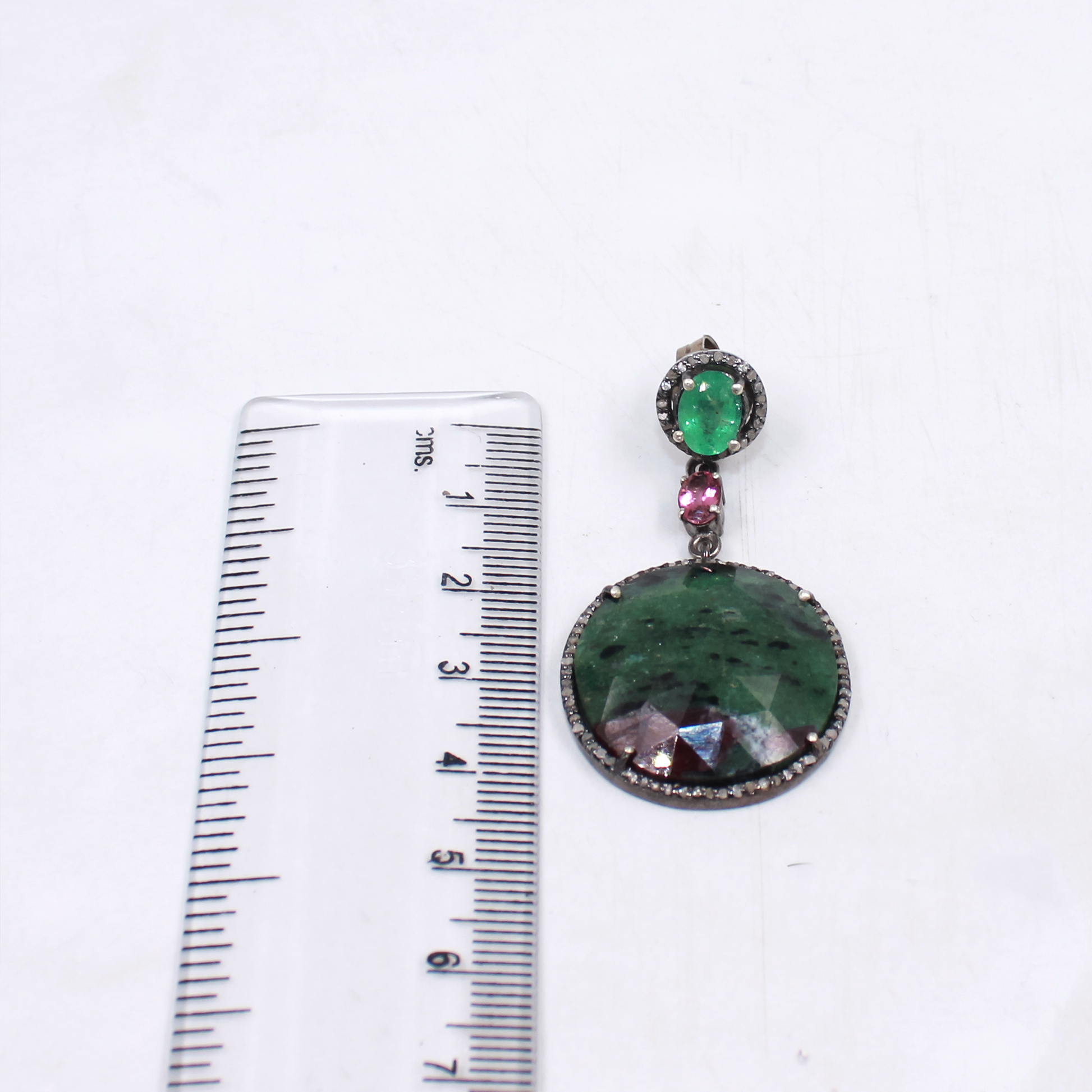 Handcrafted silver earrings with emerald, tourmaline, and ruby zoisite