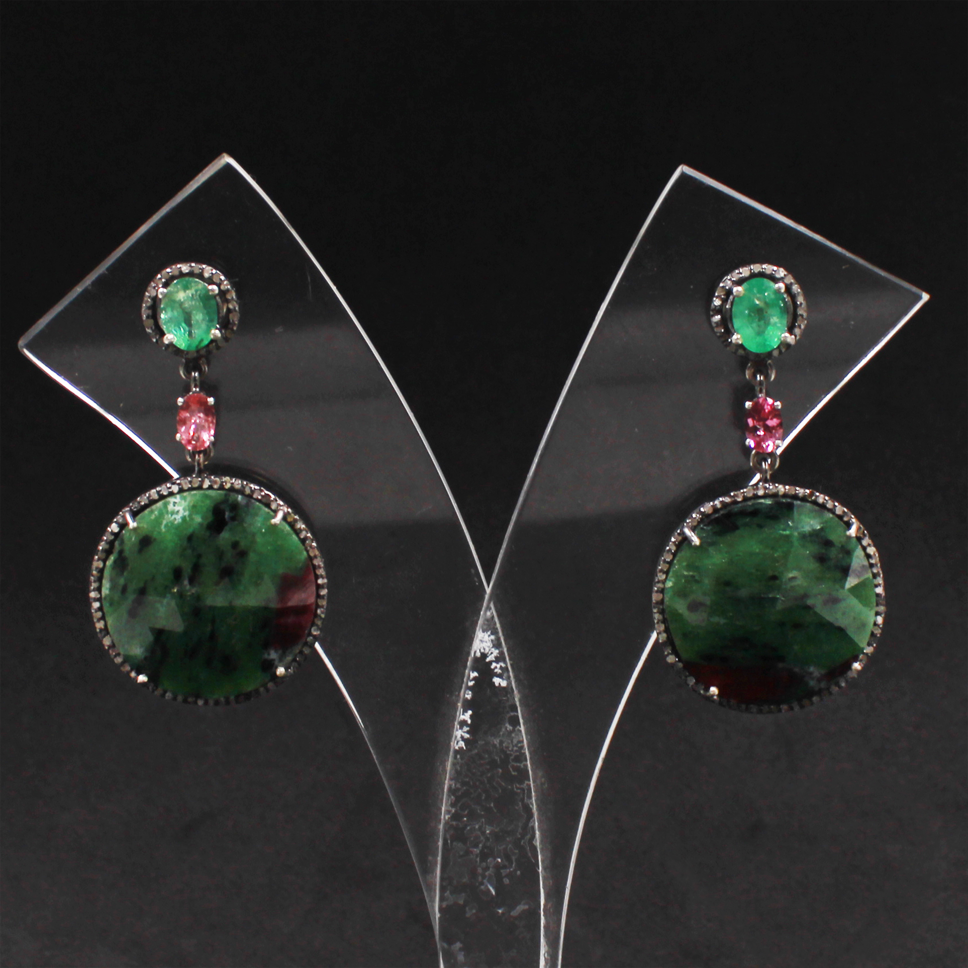 Luxury handmade silver earrings with ruby zoisite and emerald