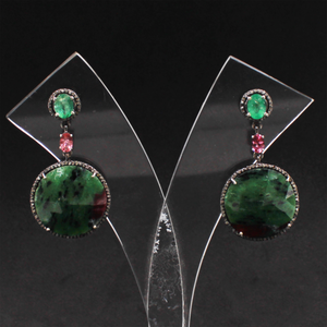 Luxury handmade silver earrings with ruby zoisite and emerald