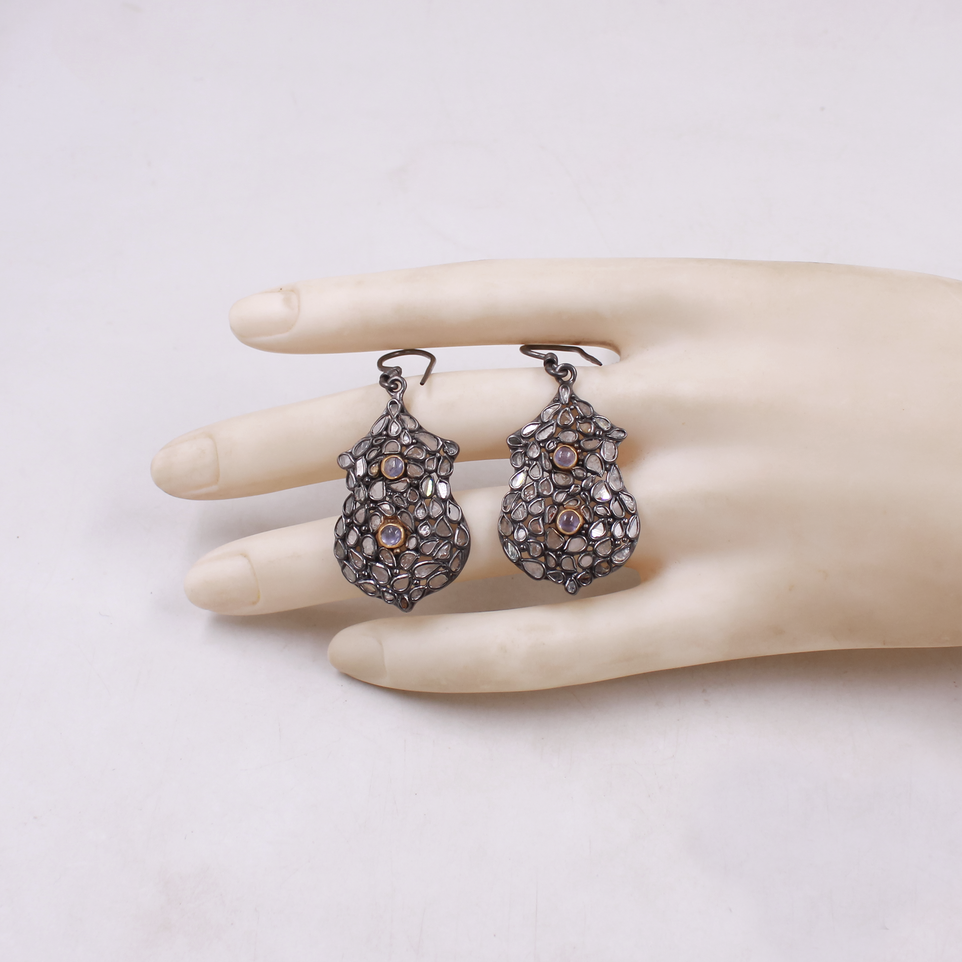 Handmade oxidized silver earrings with flat cut Polki diamonds