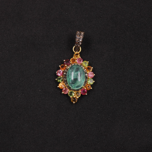 Natural Barriel emerald pendant with multi tourmaline and diamonds