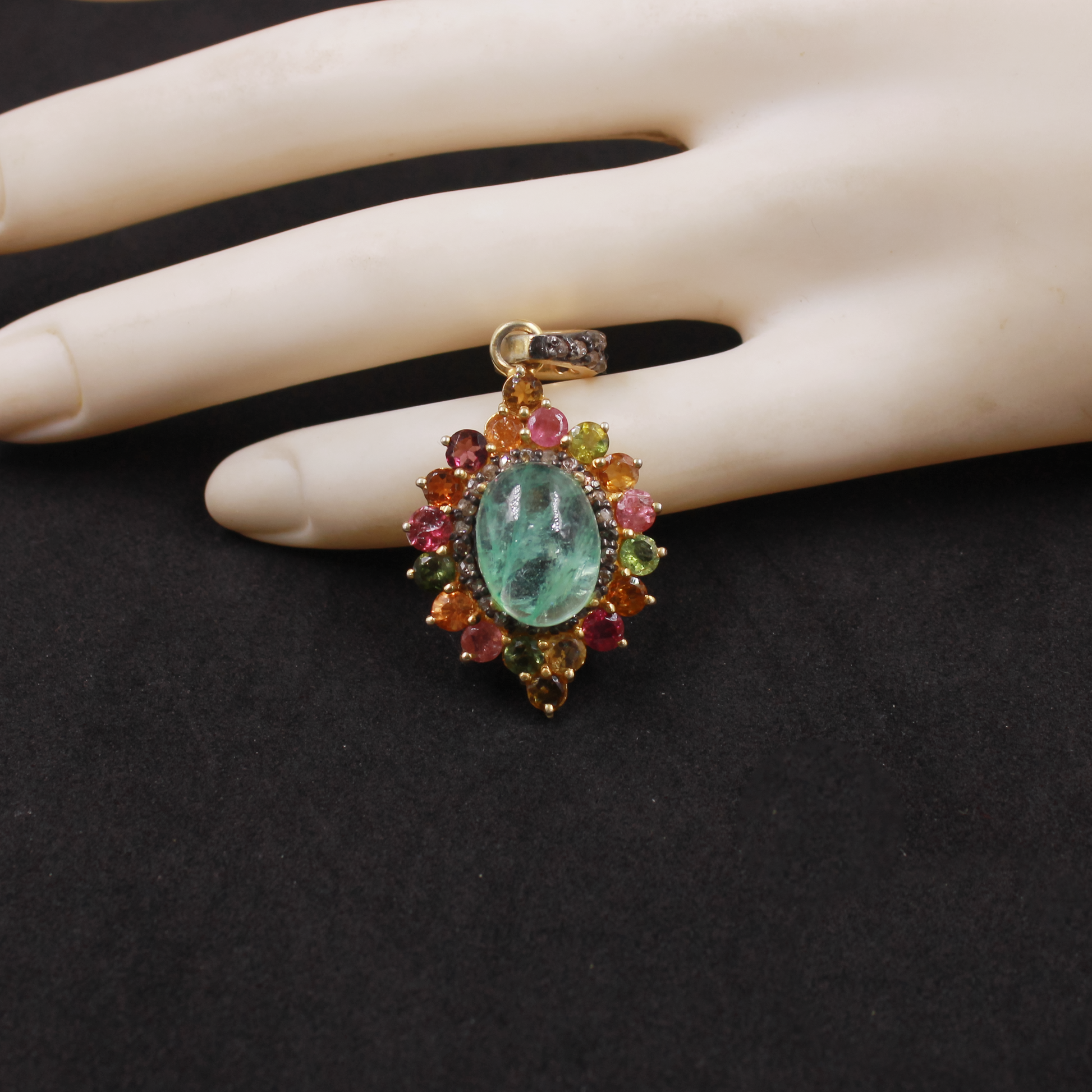 Artisan gold-plated silver pendant with natural gemstones