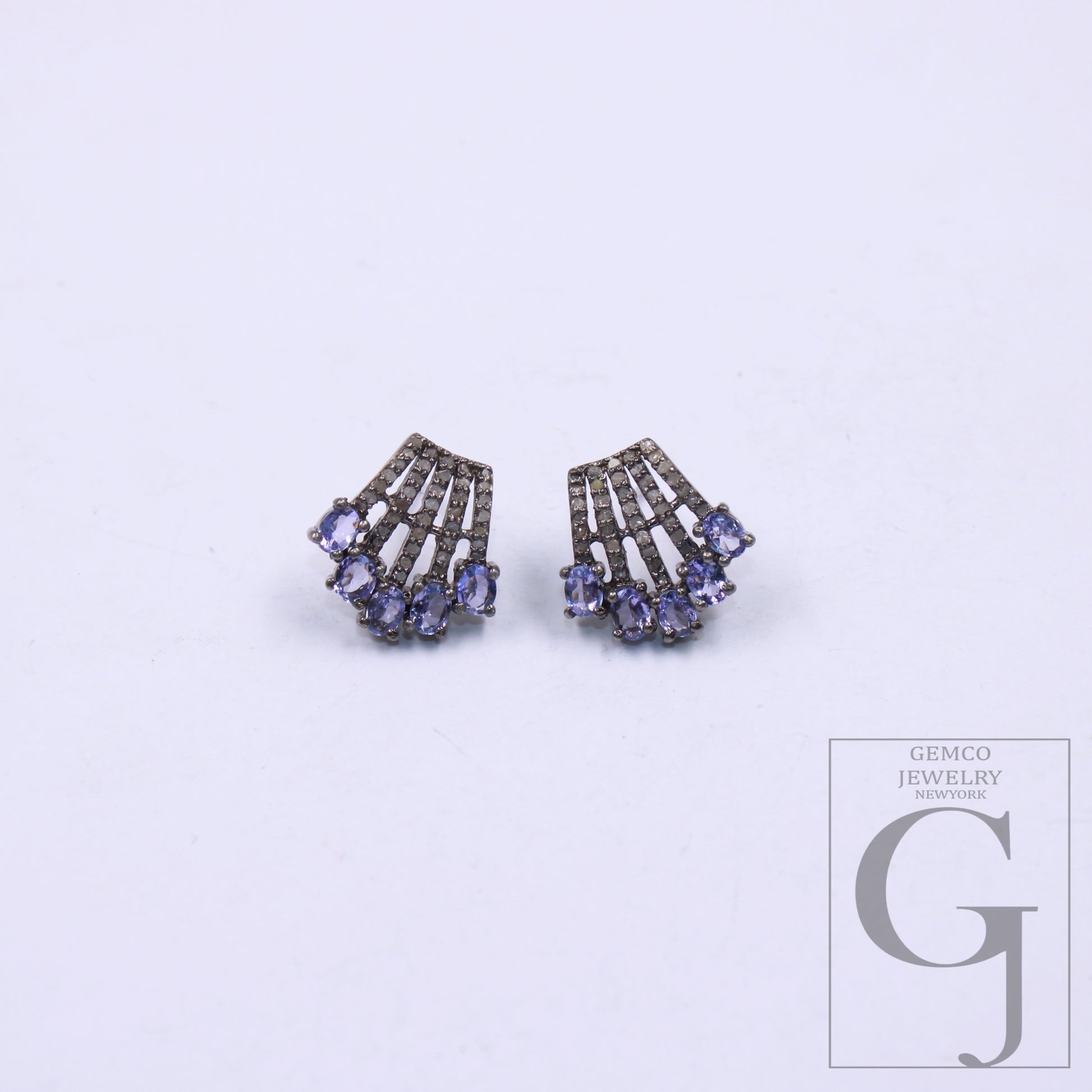Handmade sterling silver tanzanite and diamond stud earrings
