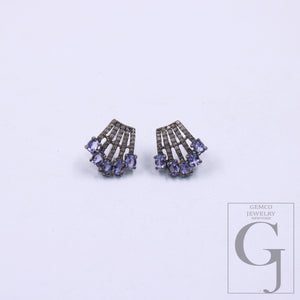 Handmade sterling silver tanzanite and diamond stud earrings