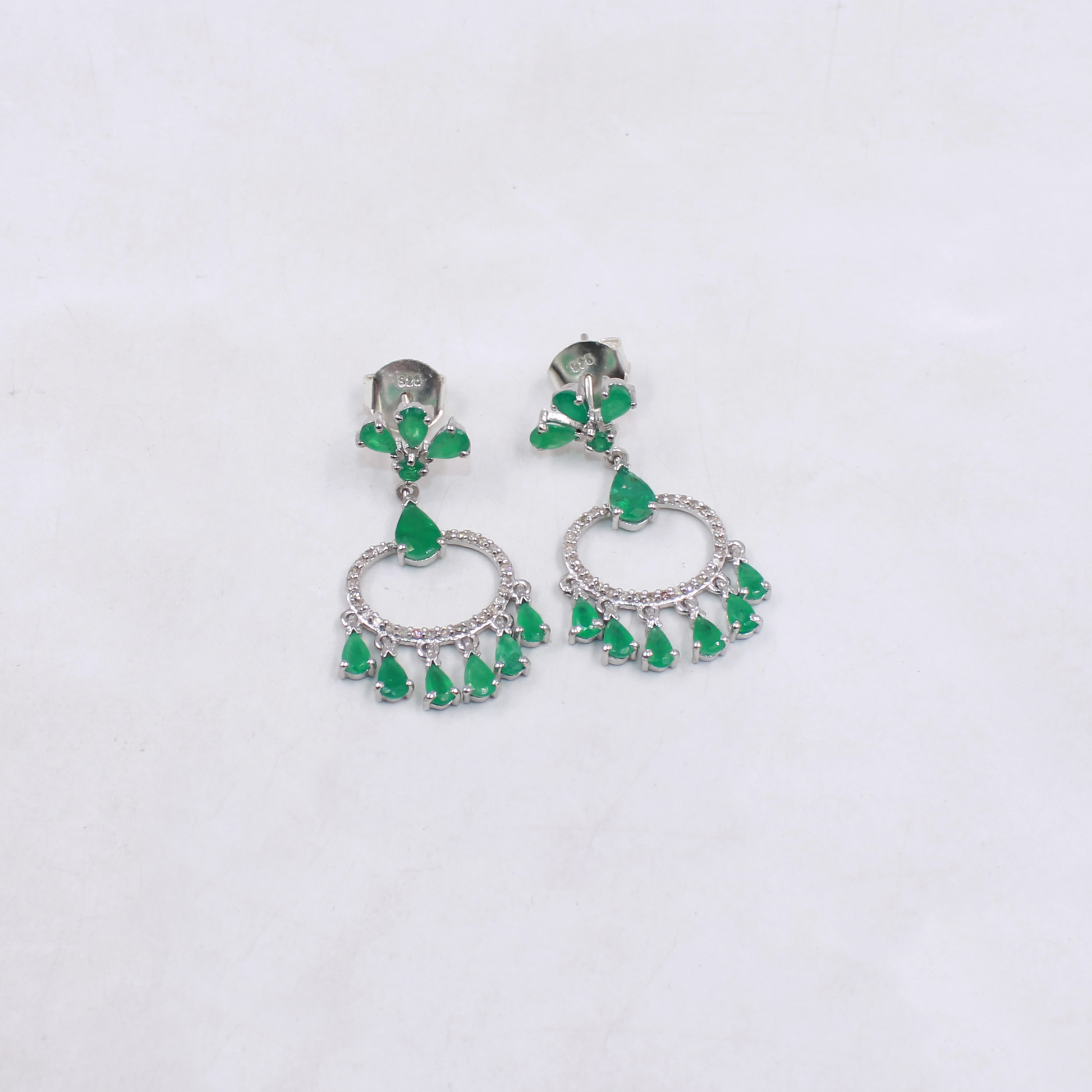 One of a kind emerald and diamond chandelier earrings in 925 sterling silver