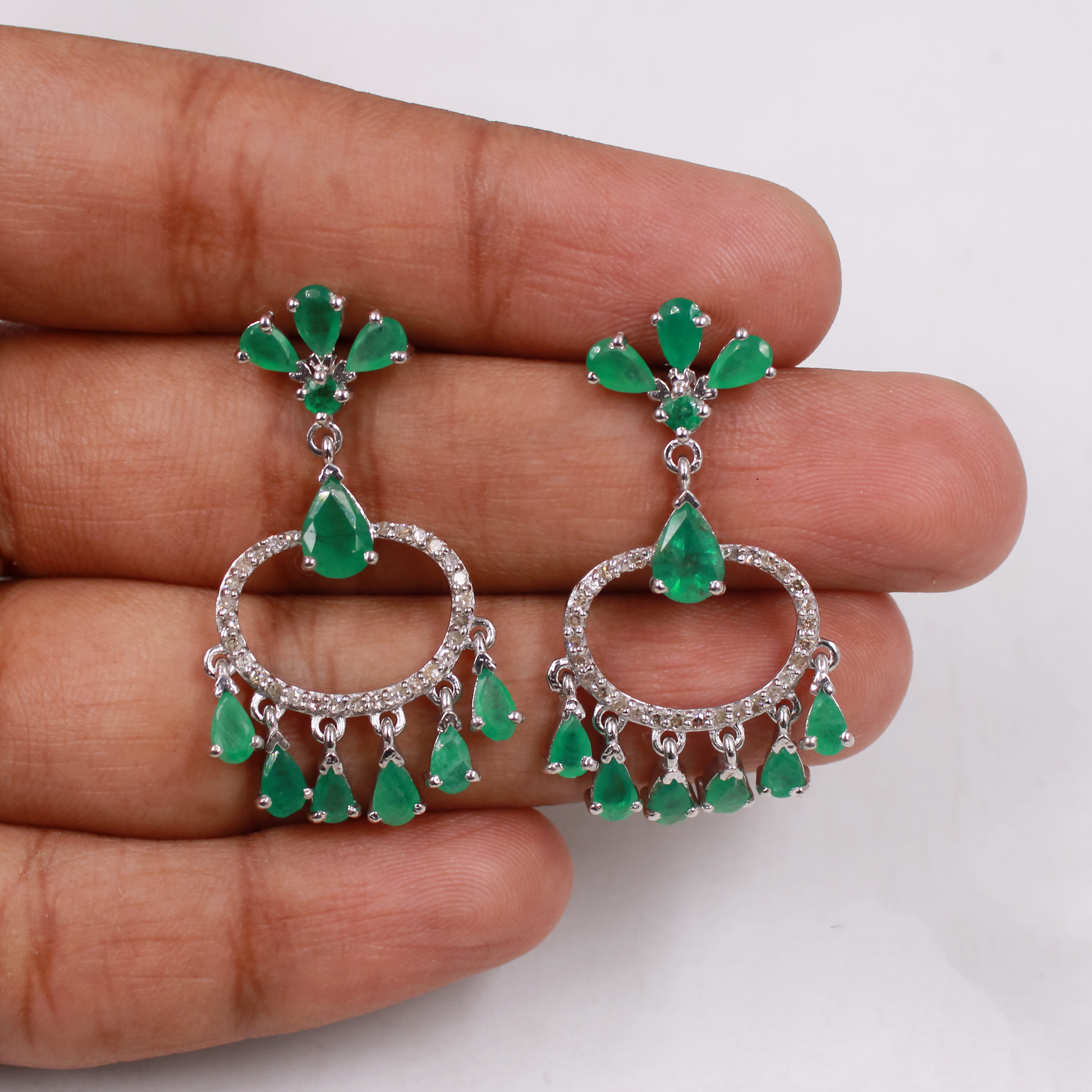 Handmade emerald chandelier earrings with pave diamonds