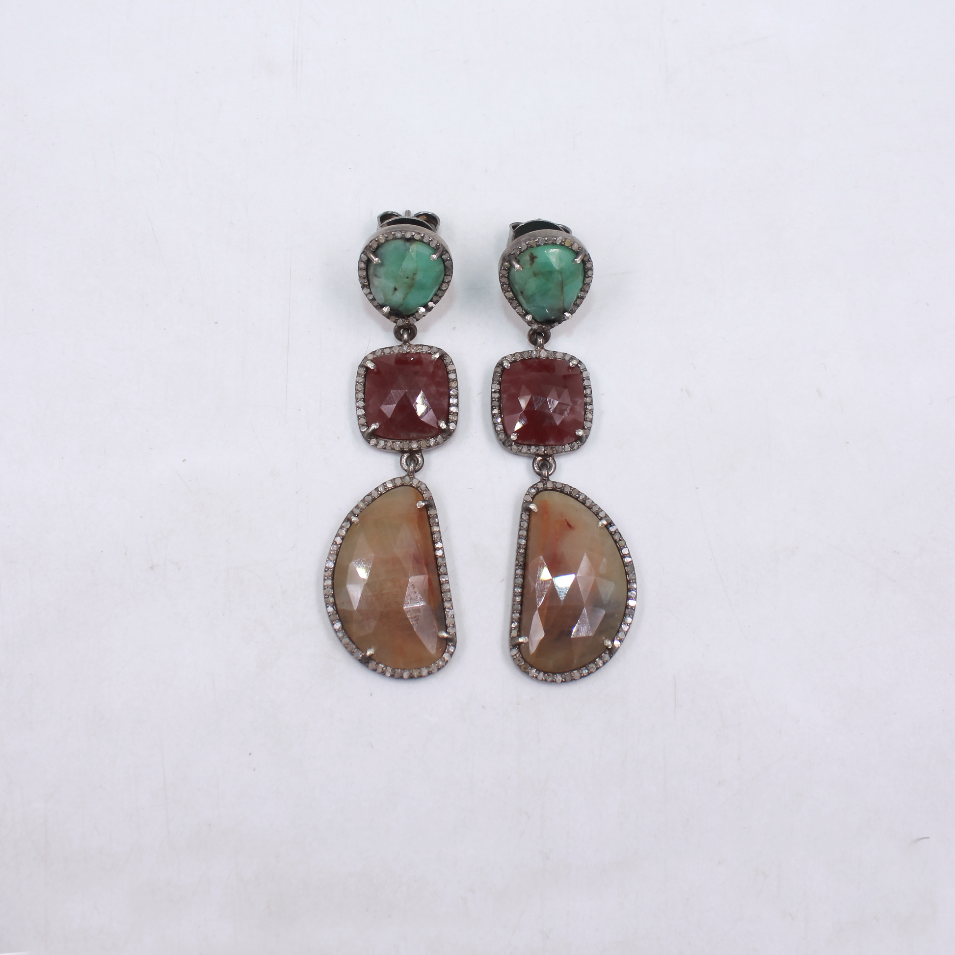 Statement dangle earrings with emerald, ruby, and yellow sapphire