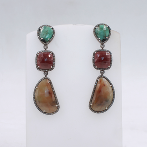 Handmade gemstone drop earrings in sterling silver with pave diamonds