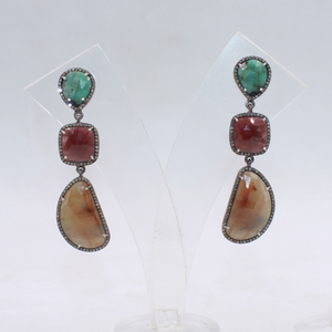 Elegant emerald ruby and yellow sapphire dangle earrings with diamonds