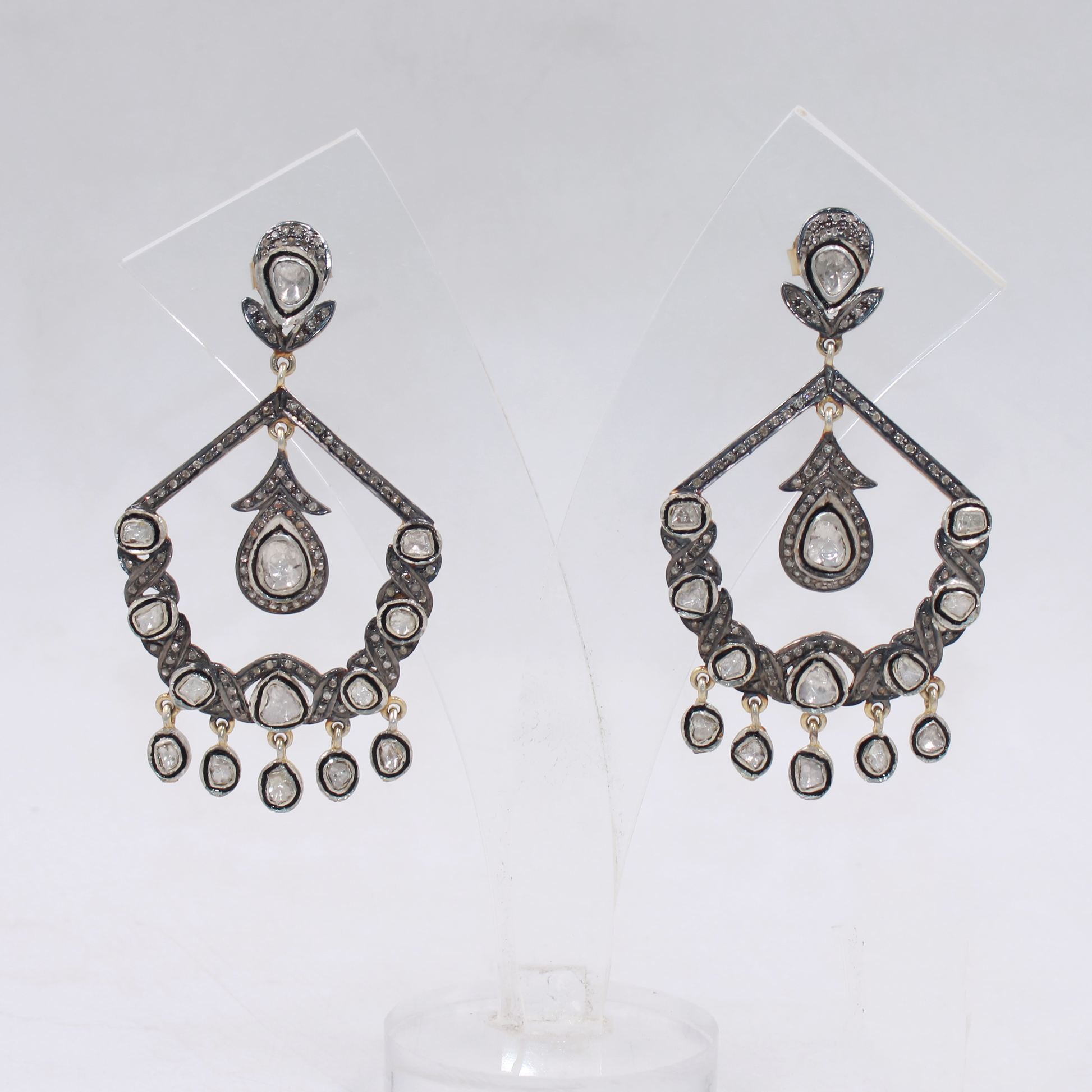 Vintage Polki Diamond Dangle Earrings In Gold-Plated 925 Sterling Silver – Antique Handmade Finish Jewelry
