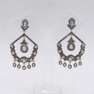 Vintage Polki Diamond Dangle Earrings In Gold-Plated 925 Sterling Silver – Antique Handmade Finish Jewelry