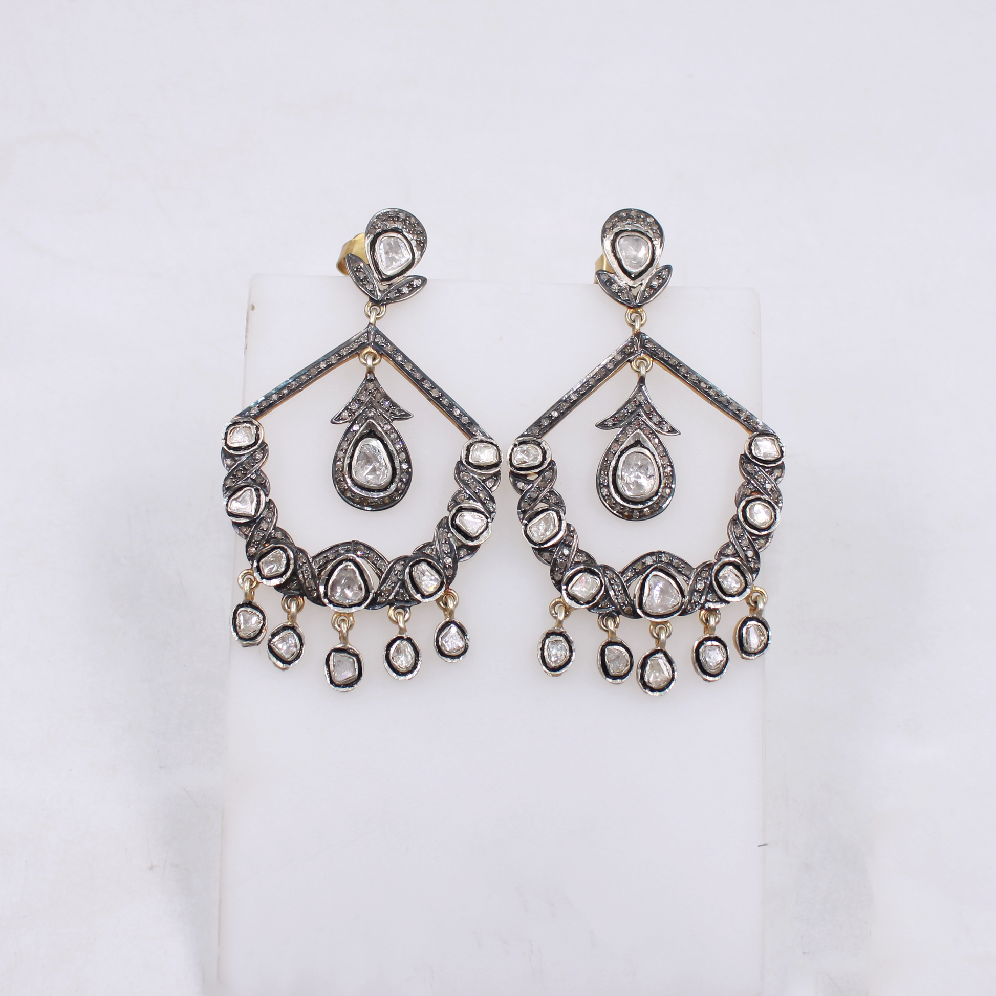 Antique-style Polki diamond earrings with rosecut diamond accents