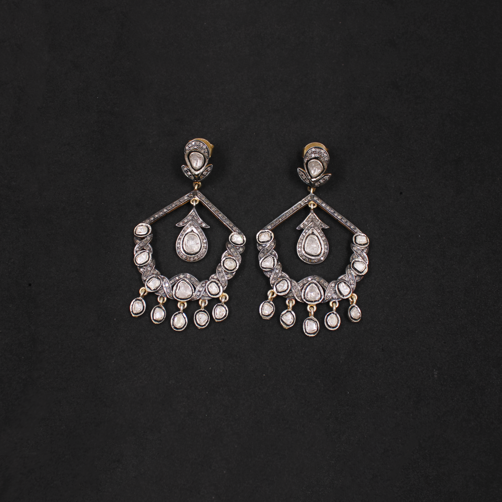 Classic vintage-style Polki diamond earrings handmade with rosecut diamonds