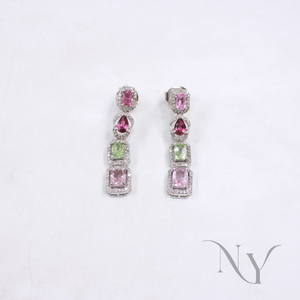 Luxury artisan earrings with multi-color tourmaline and rosecut diamonds