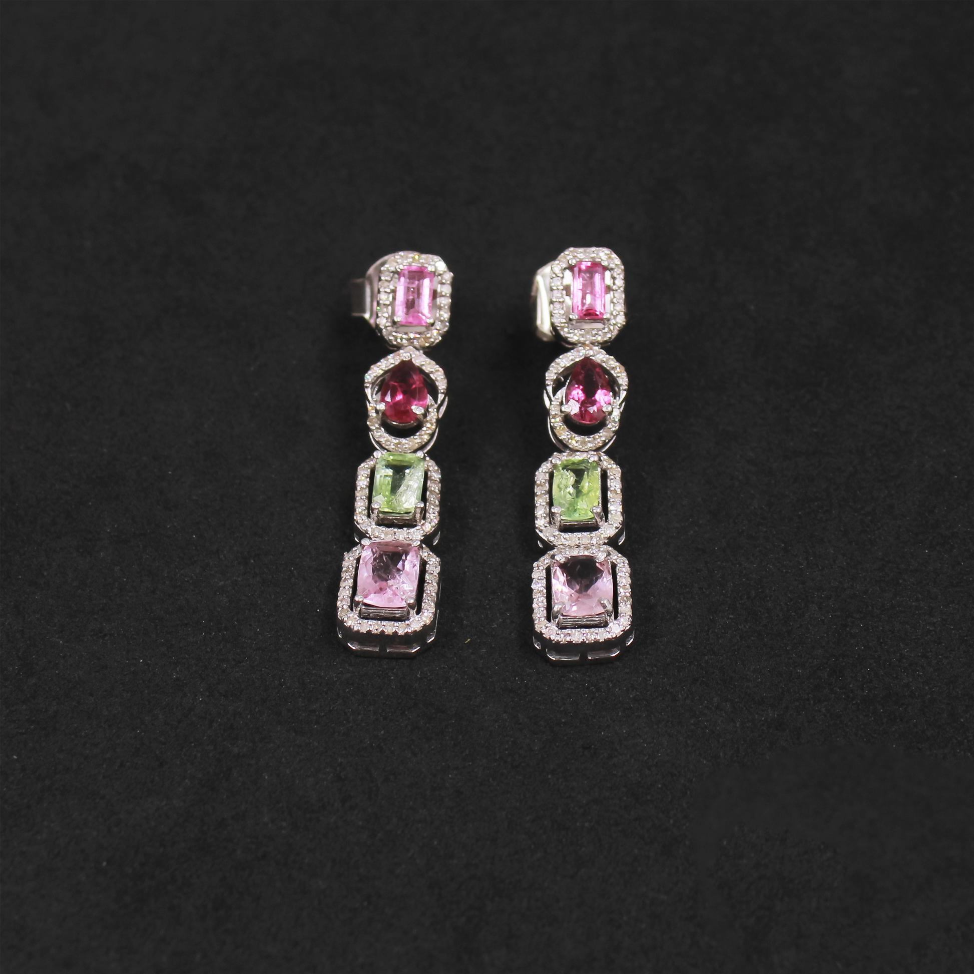 Multi tourmaline drop earrings with rosecut pave diamonds in sterling silver