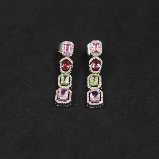 Multi tourmaline drop earrings with rosecut pave diamonds in sterling silver