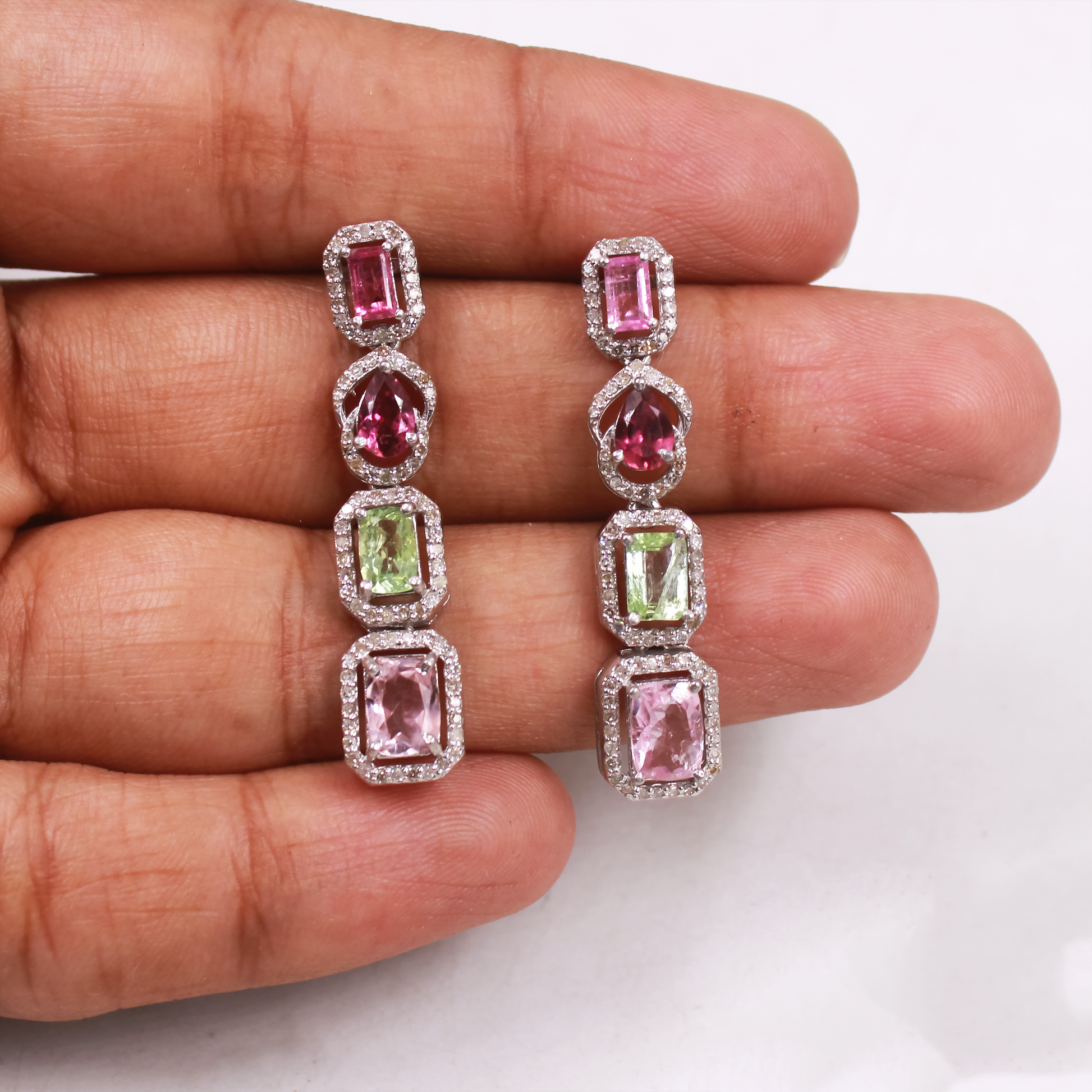 Sterling silver drop earrings with colorful tourmalines and diamonds