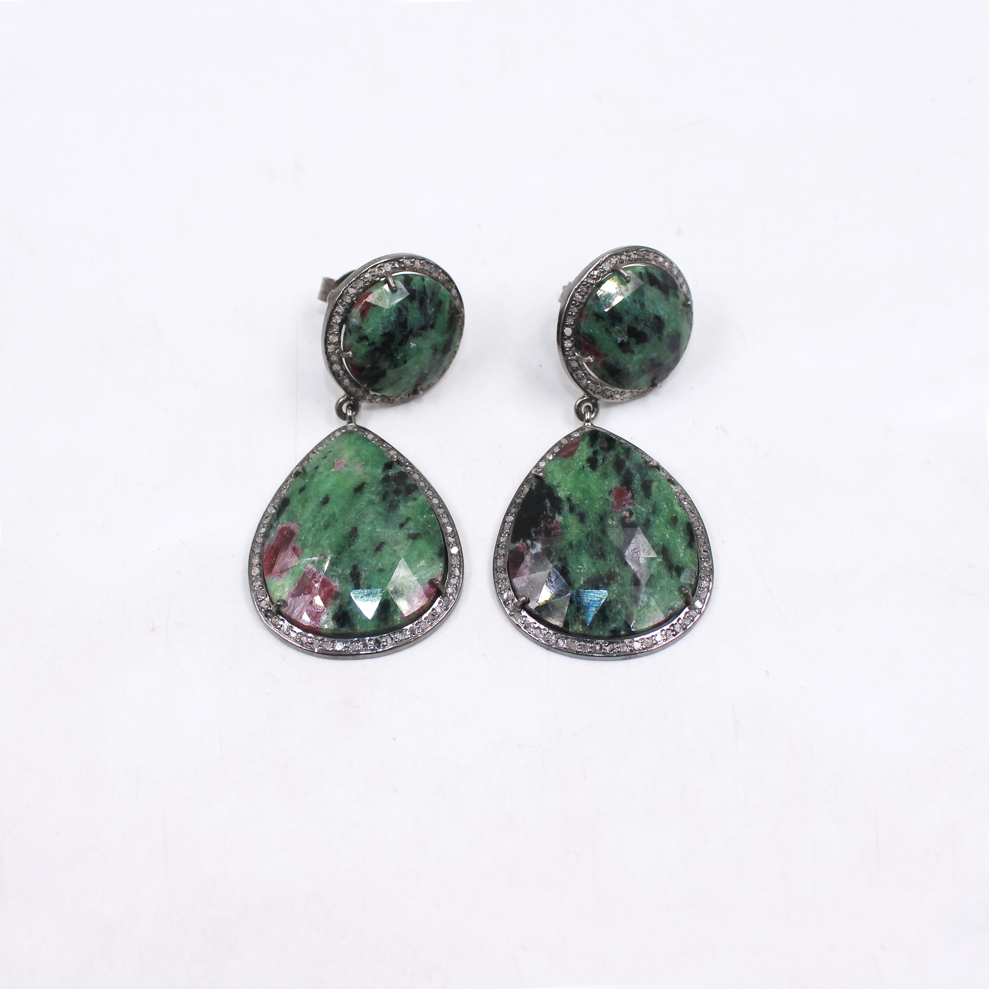 Elegant long drop earrings with ruby zoisite and rosecut diamonds