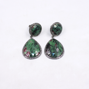 Elegant long drop earrings with ruby zoisite and rosecut diamonds