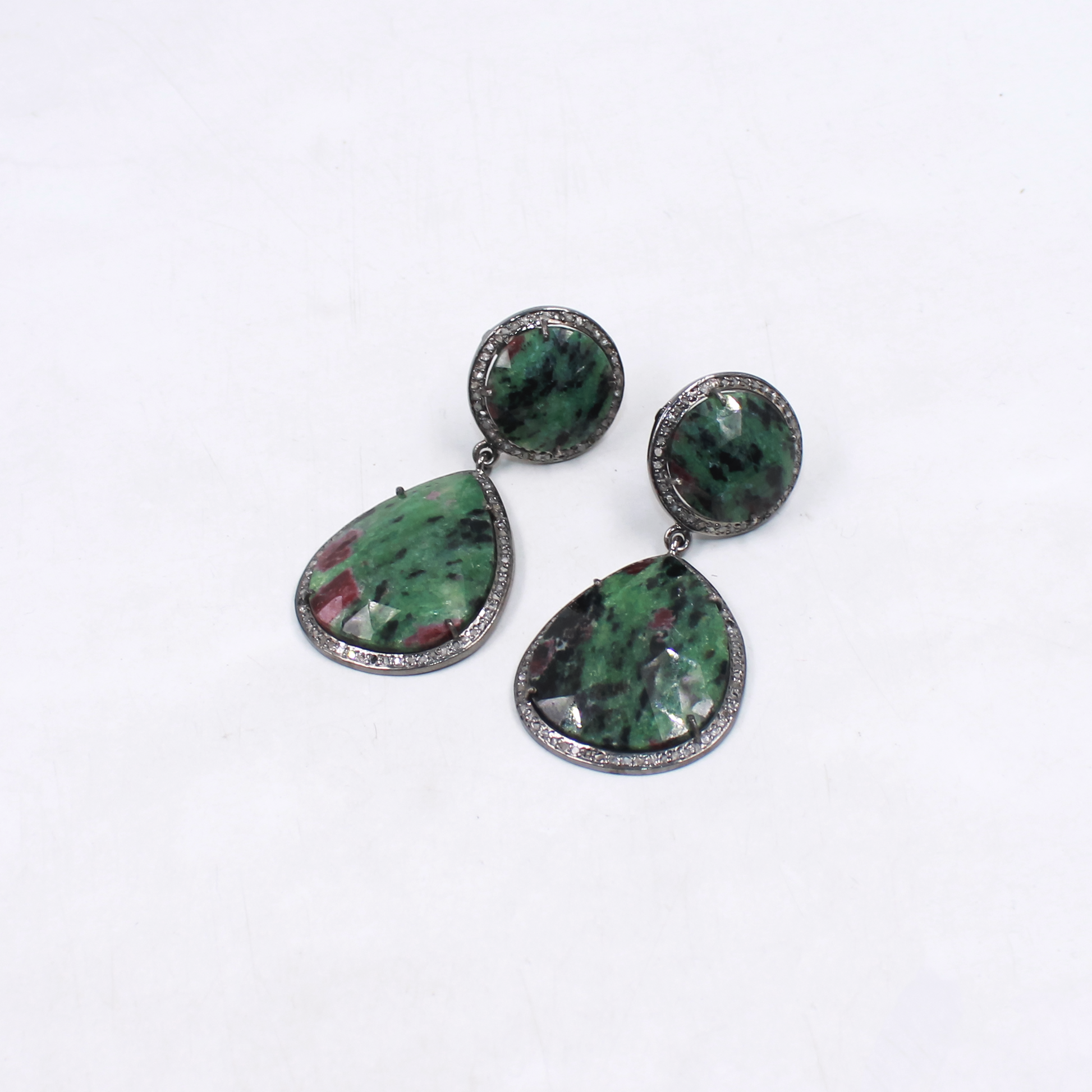 Vintage style ruby zoisite earrings in oxidized silver with diamonds