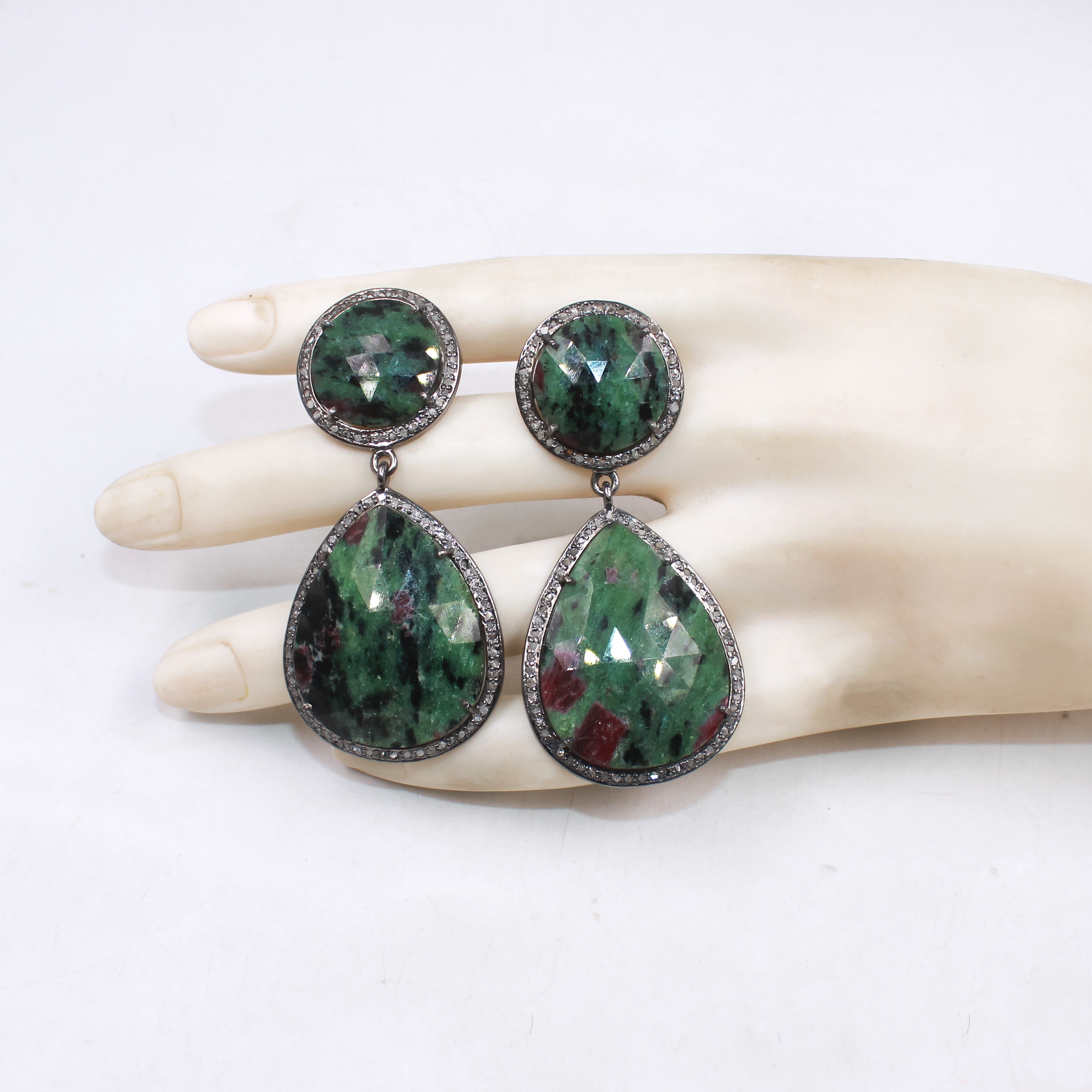 One-of-a-kind ruby zoisite dangle earrings with antique silver finish