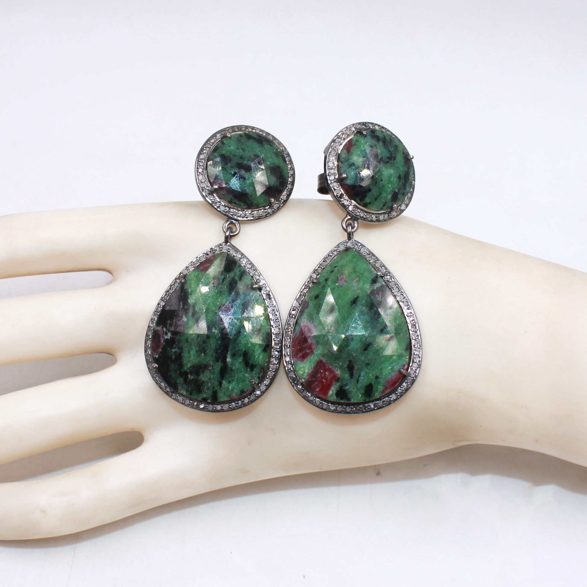 Handmade luxury earrings featuring ruby zoisite and diamonds
