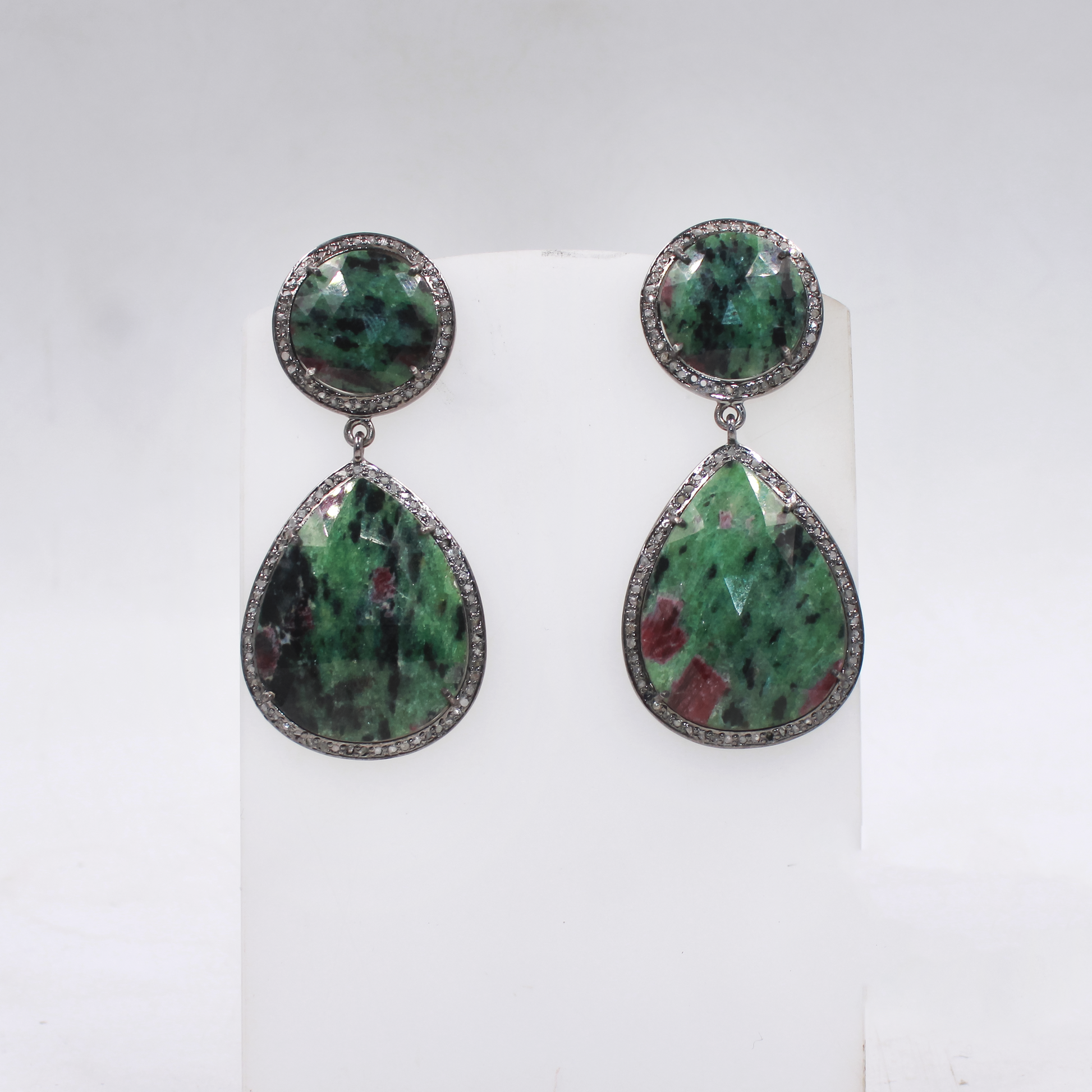 Luxury statement earrings with ruby zoisite gemstones and diamonds