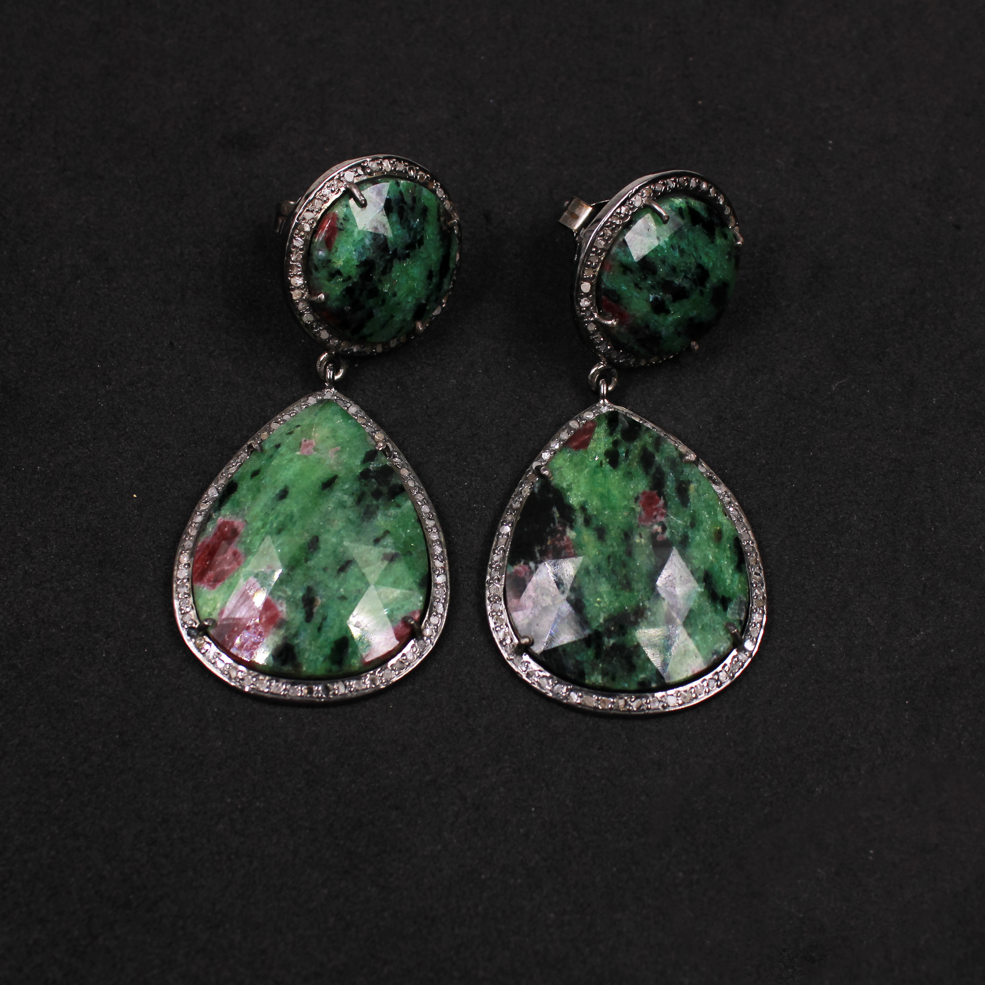 Natural ruby zoisite earrings with rosecut pave diamonds in sterling silver