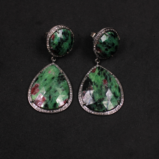 Natural ruby zoisite earrings with rosecut pave diamonds in sterling silver