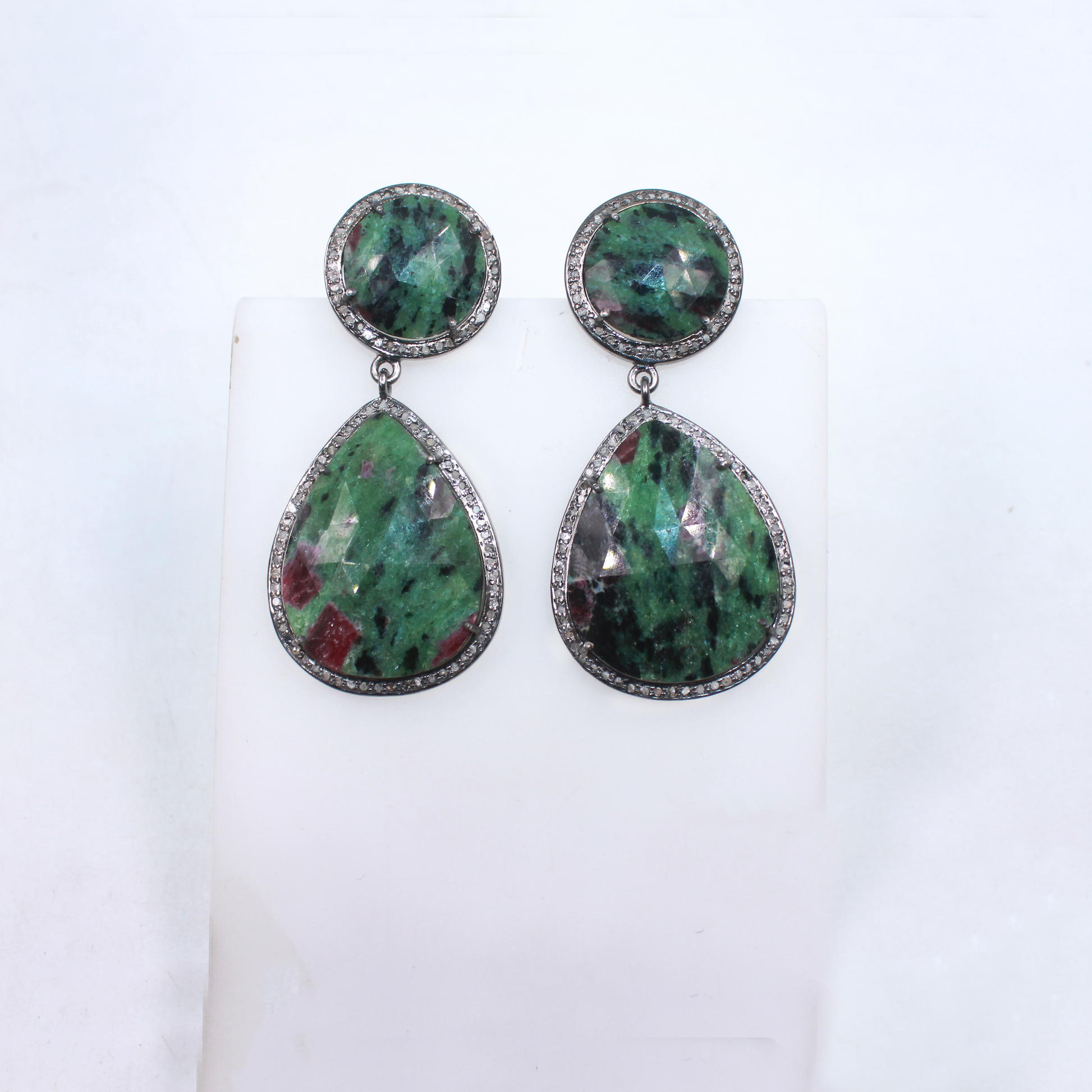 Artisan crafted ruby zoisite and diamond earrings in sterling silver