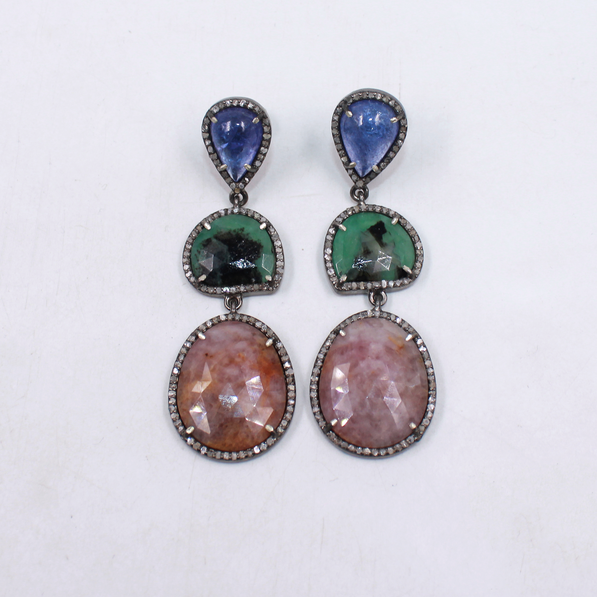 Natural Tanzanite, Emerald & Pink Sapphire Dangle Earrings With Pave Diamond In 925 Sterling Silver, Handmade Finish Earrings