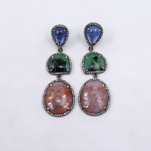 Natural Tanzanite, Emerald & Pink Sapphire Dangle Earrings With Pave Diamond In 925 Sterling Silver, Handmade Finish Earrings