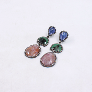 Natural Tanzanite, Emerald & Pink Sapphire Dangle Earrings With Pave Diamond In 925 Sterling Silver, Handmade Finish Earrings