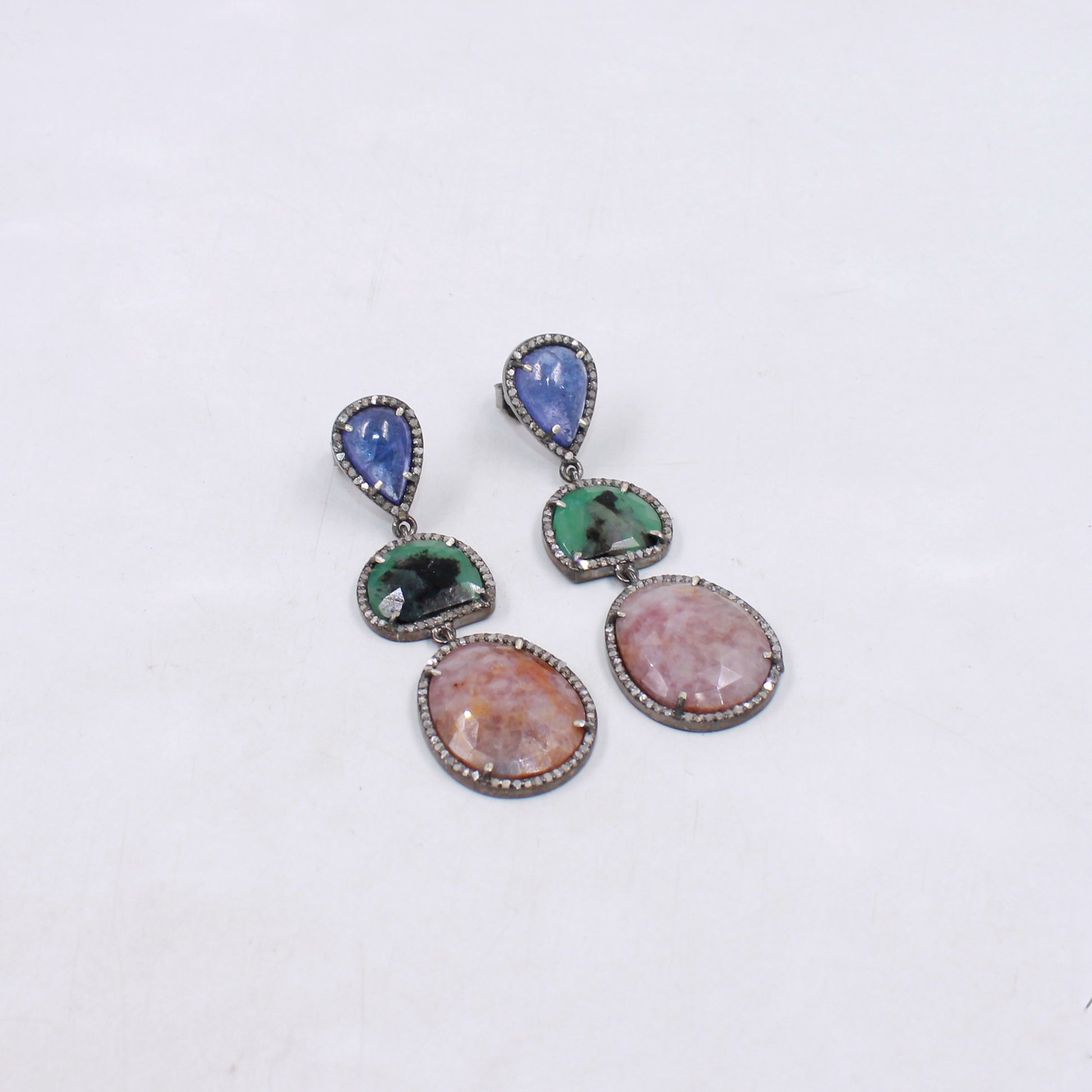 Natural Tanzanite, Emerald & Pink Sapphire Dangle Earrings With Pave Diamond In 925 Sterling Silver, Handmade Finish Earrings